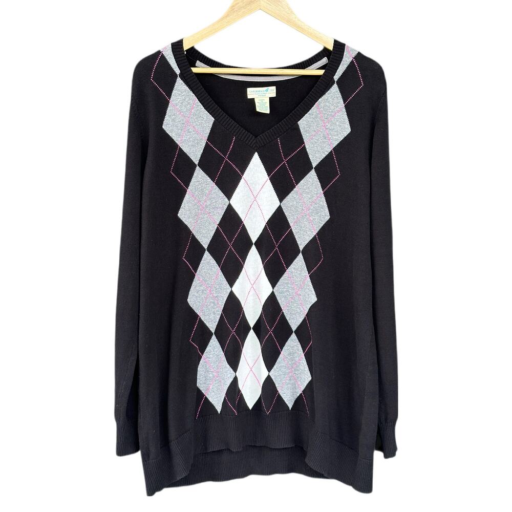 Caribbean Joe Island Supply Co. Women’s 1X Cotton V-Neck Argyle Sweater Preppy